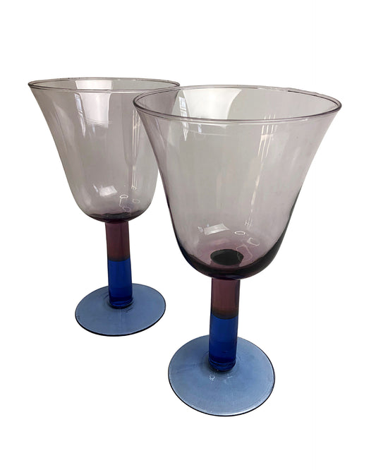80’s Pair of Smokey Purple Blue Large Goblet Wine Glasses