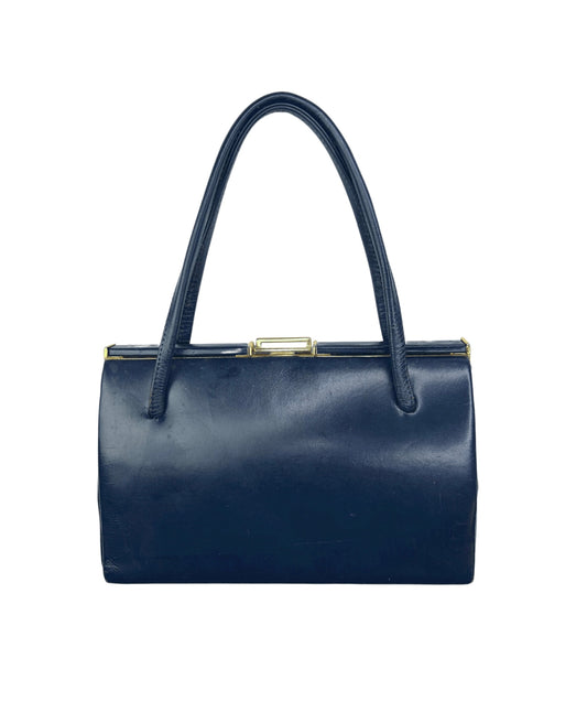 60’s Navy Leather Gold Clasp Handbag Purse
