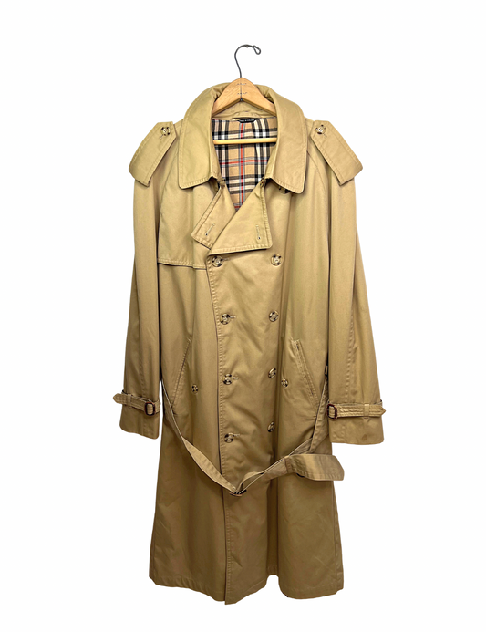 60’s Burberry Inspired Plaid Lined Belted Khaki Trench Coat Size 44