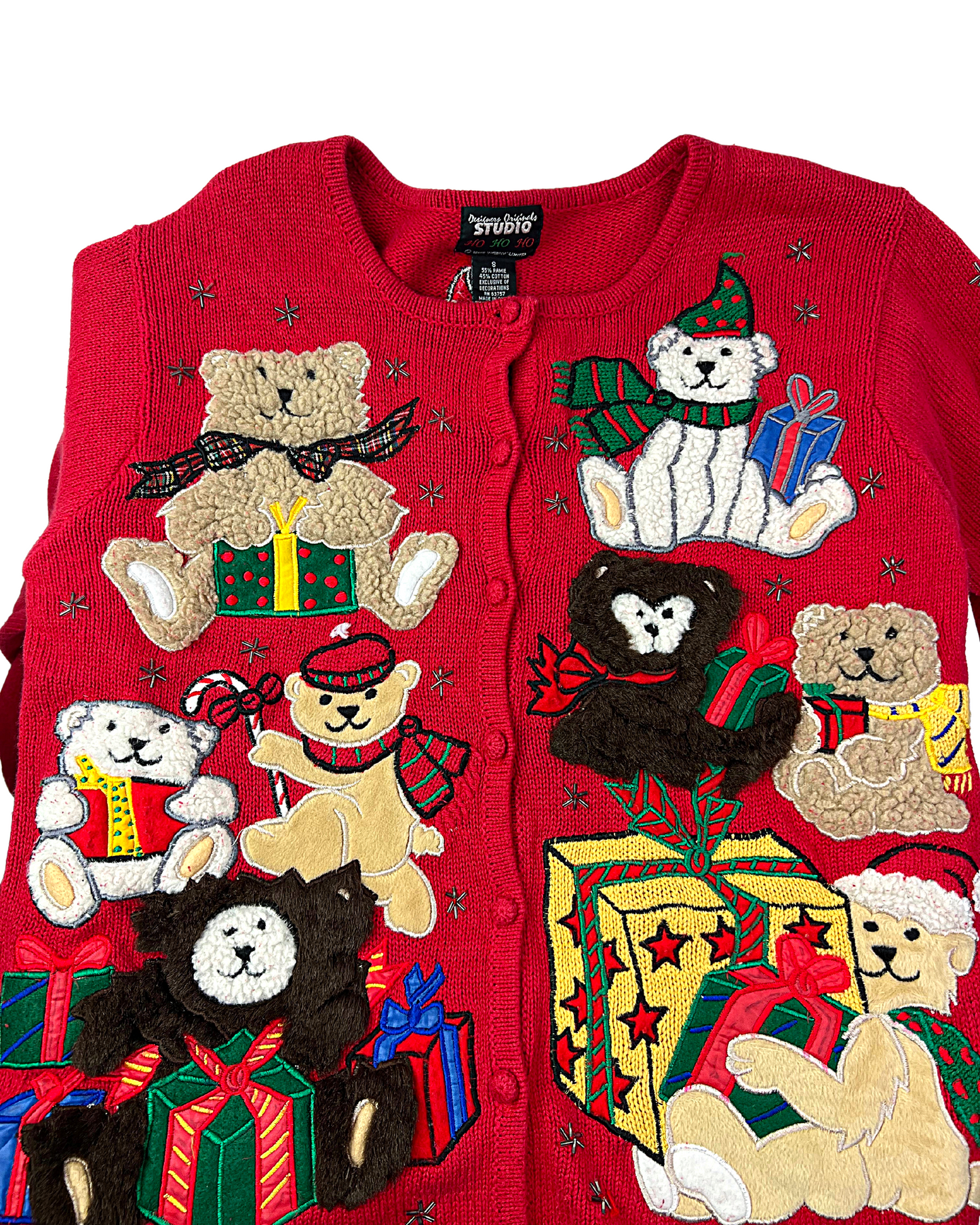 90’s Christmas Present Bear Fuzzy Ugly Holiday Chunky Cardigan Sweater