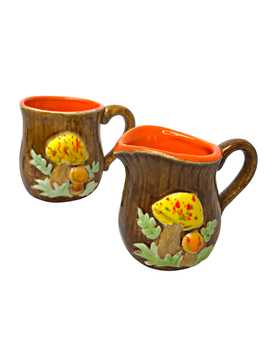 ‘75 Mini Mushroom Toadstool Glazed Pottery Milk Pitcher & Mug Set
