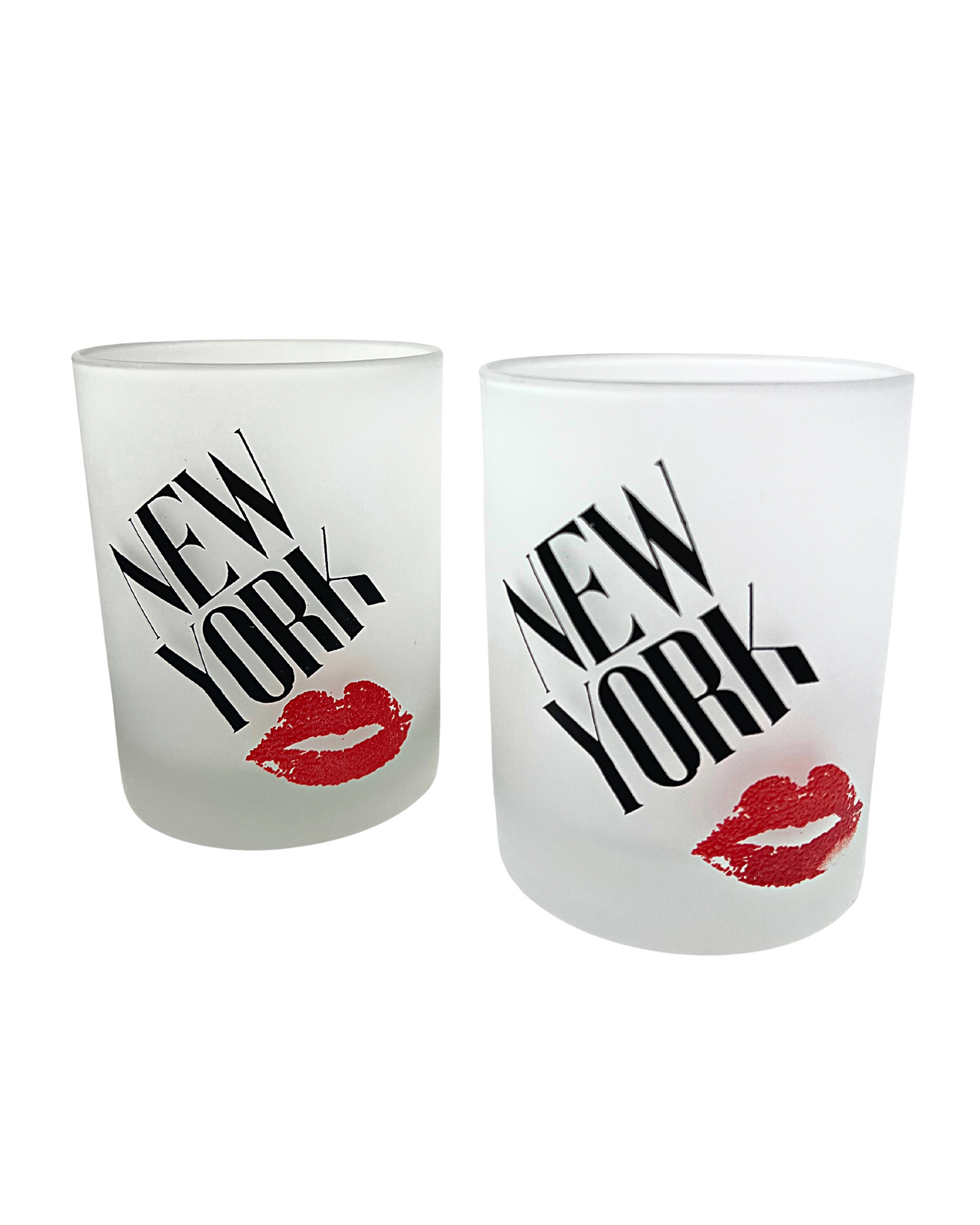 80’s New York Frosted Glass Lipstick Kiss Rocks Glasses Set of 2