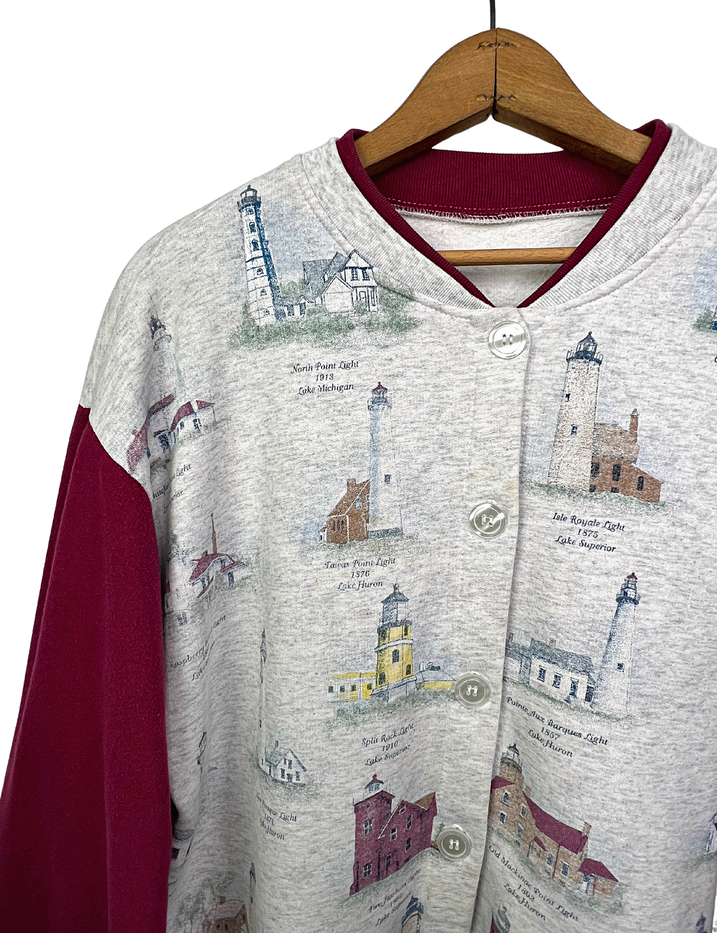 90’s Lighthouses of the Great Lakes All Over Print Lake Michigan, Lake Huron, Lake Superior Buttonup Sweatshirt Size XL