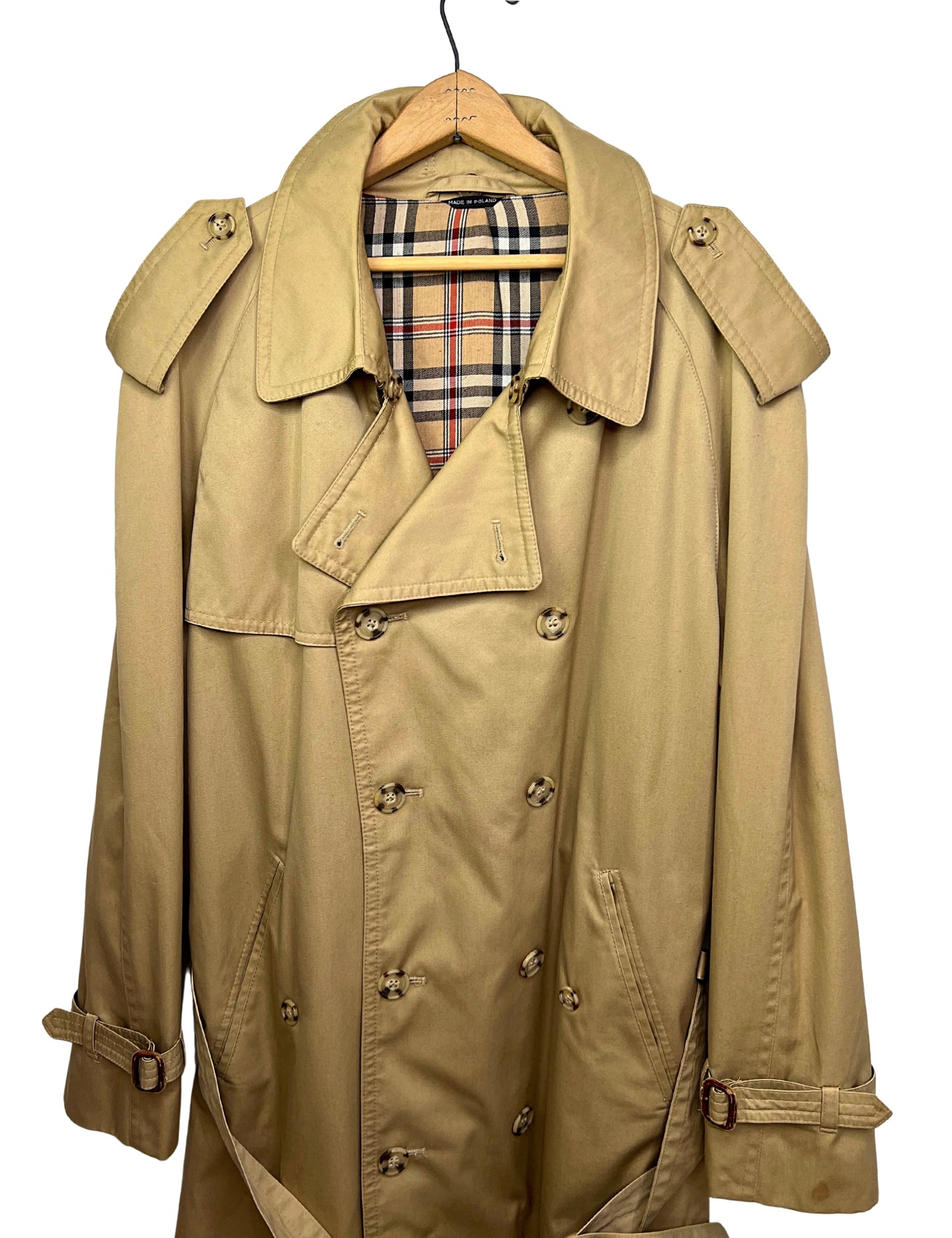 60’s Burberry Inspired Plaid Lined Belted Khaki Trench Coat Size 44
