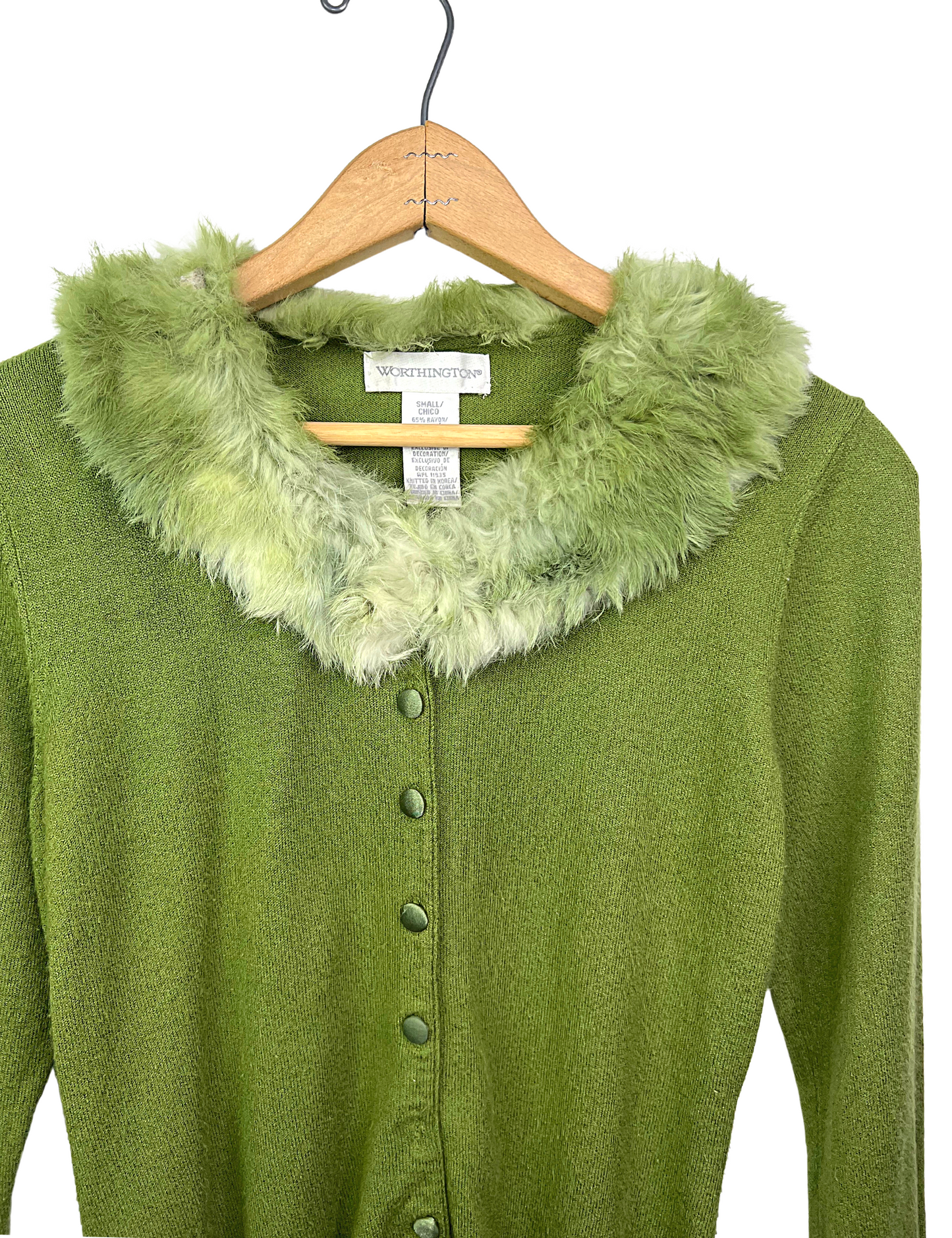 00’s Y2K Olive Green Faux Fur Trim Fitted Cardigan