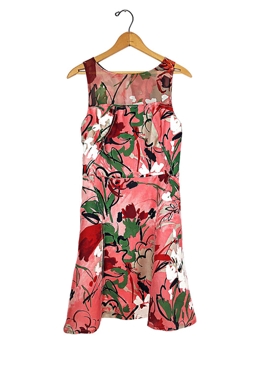 00’s Carolina Herrera Pink Abstract Floral Printed Silk Casual Cocktail A-Line Sheer Dress Size 4