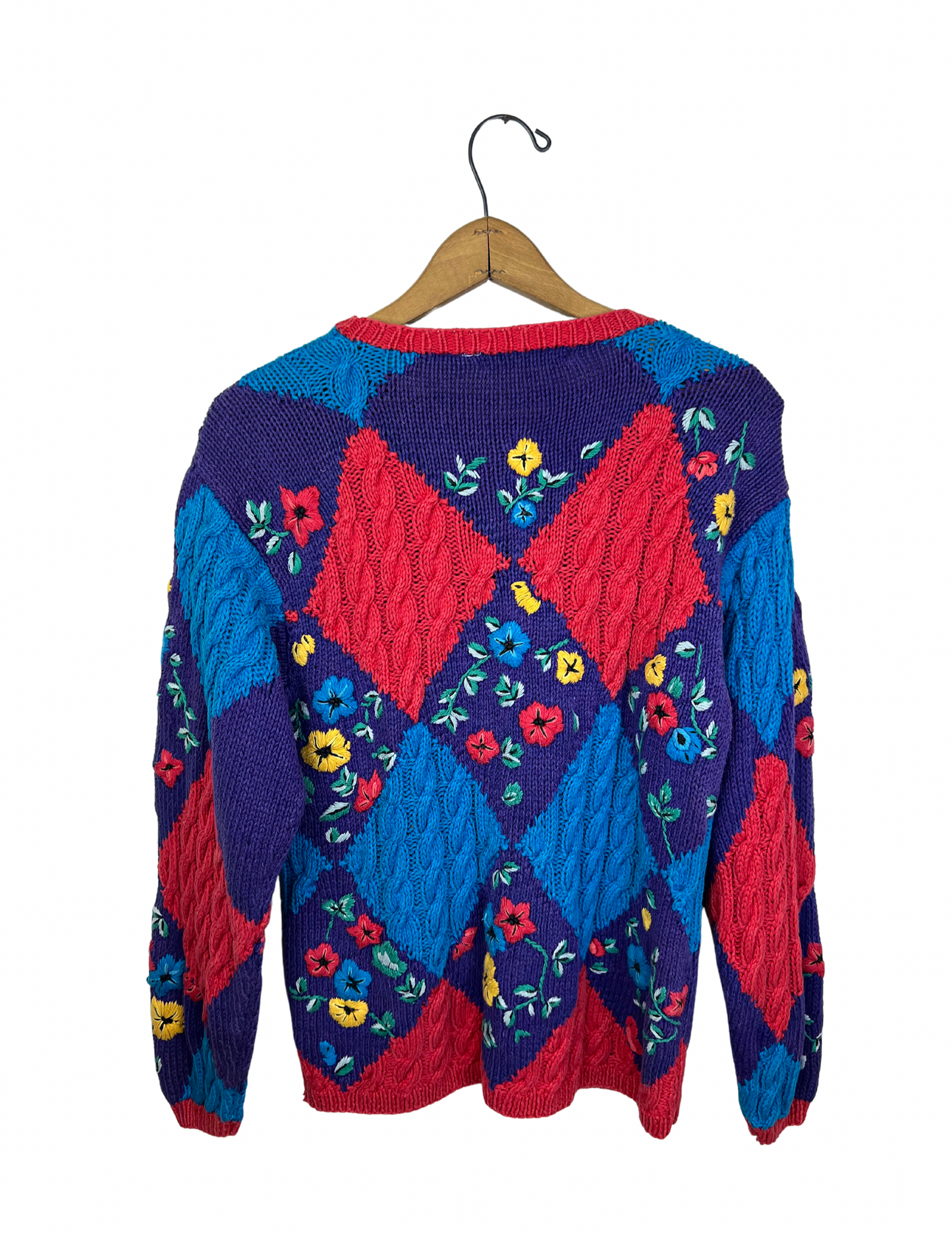 90’s Chunky Diamond Colorful Floral Cable Knit Sweater