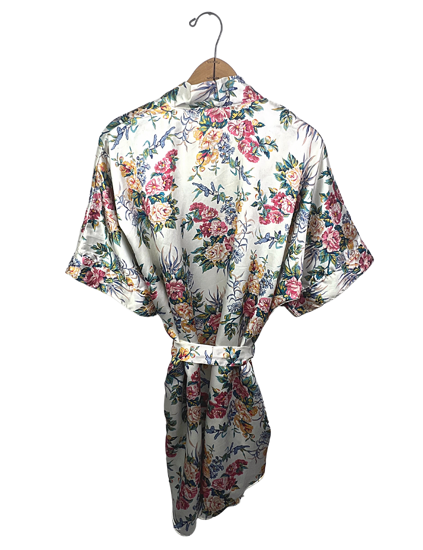 90’s White Pink Floral Silky Short Kimono Robe