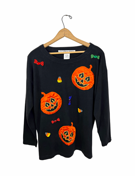 90’s Halloween Jack o Latern Beaded Trick or Treat Candy Long Sleeve Tee