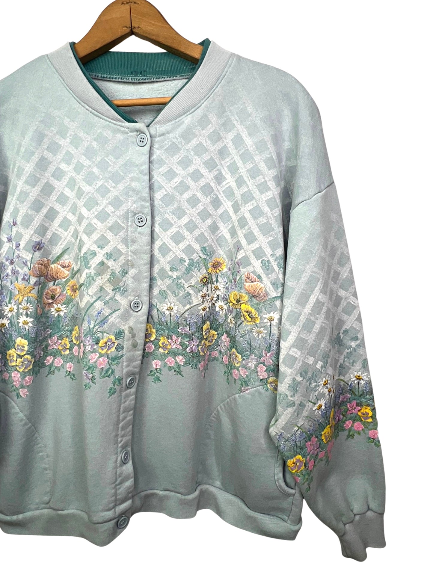 90’s Garden Flowers Lattice Wild Flowers Cardigan Buttondown Sweatshirt with Pockets Size L