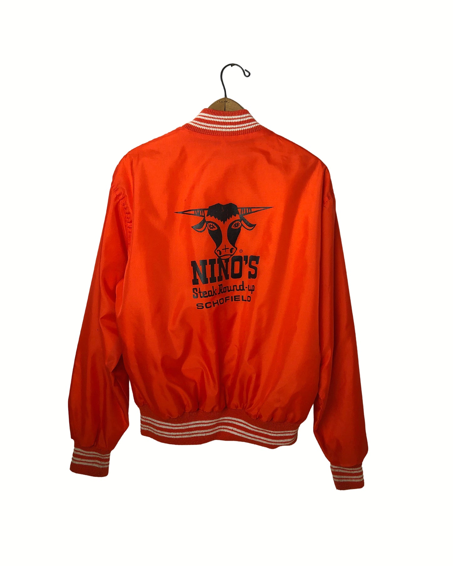 Vintage 70’s Nino’s Steak Roundup Schofield, Wisconsin Retro Orange Bomber Jacket