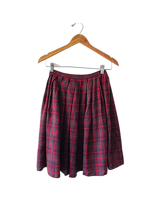 50's Red PLAID Tartan Knee Length School-Girl WOOL Skirt Sz 24