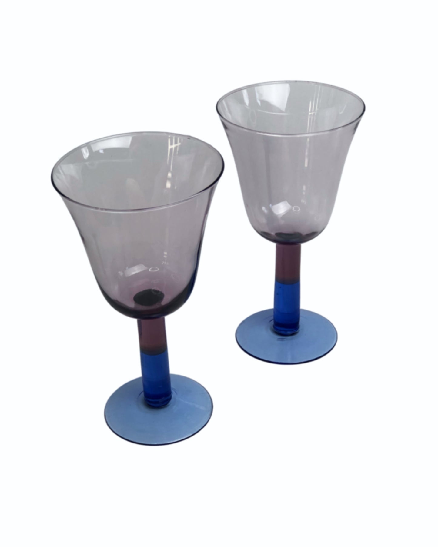 80’s Pair of Smokey Purple Blue Large Goblet Wine Glasses