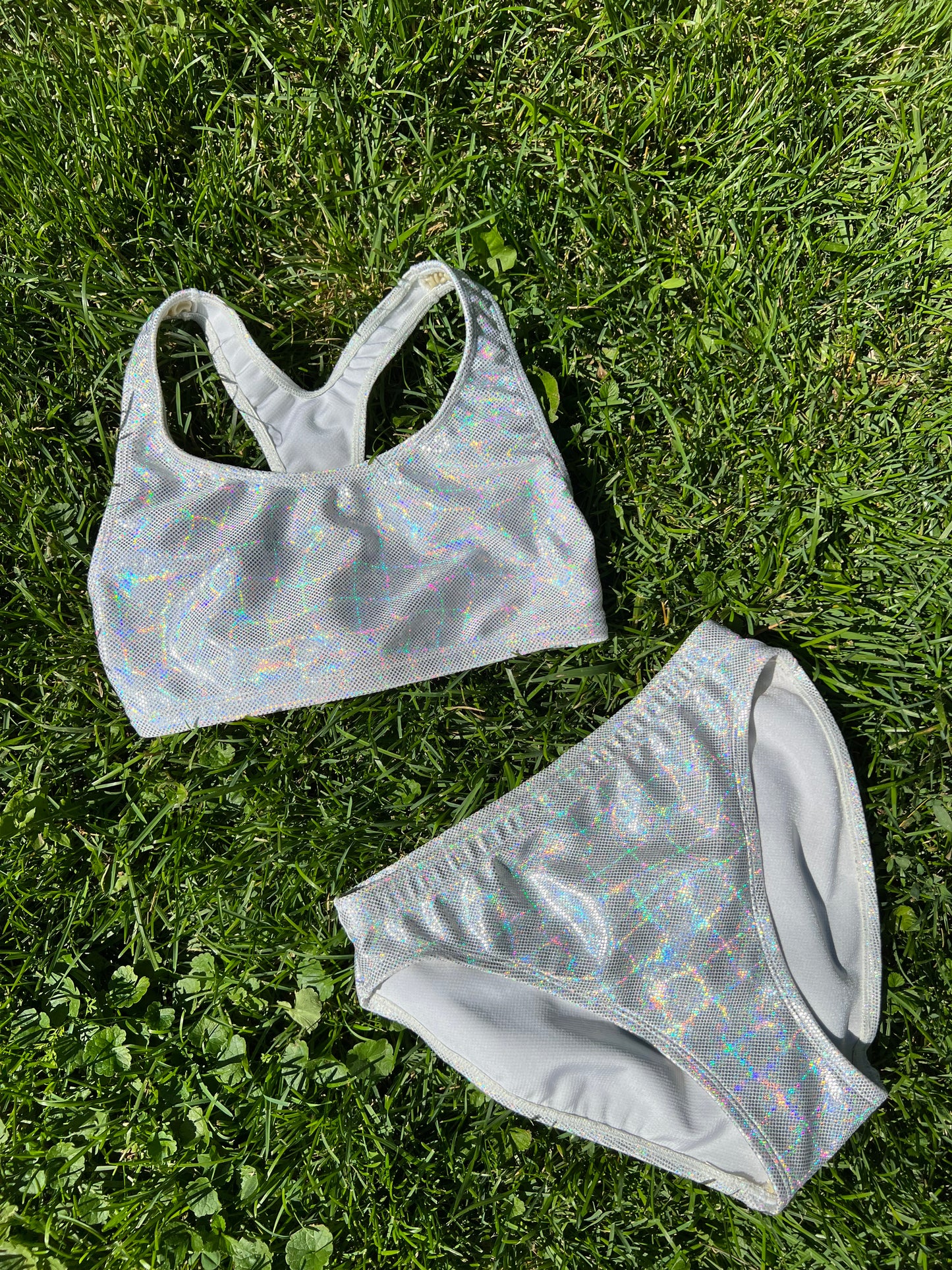00’s Y2K TYR Silver Holographic Pool Water Racerback 2 Pc Swimsuit