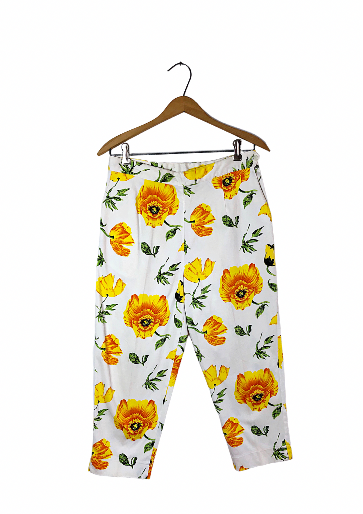 90’s Yellow Spring Floral Print Cropped Trousers with Pockets Size 28