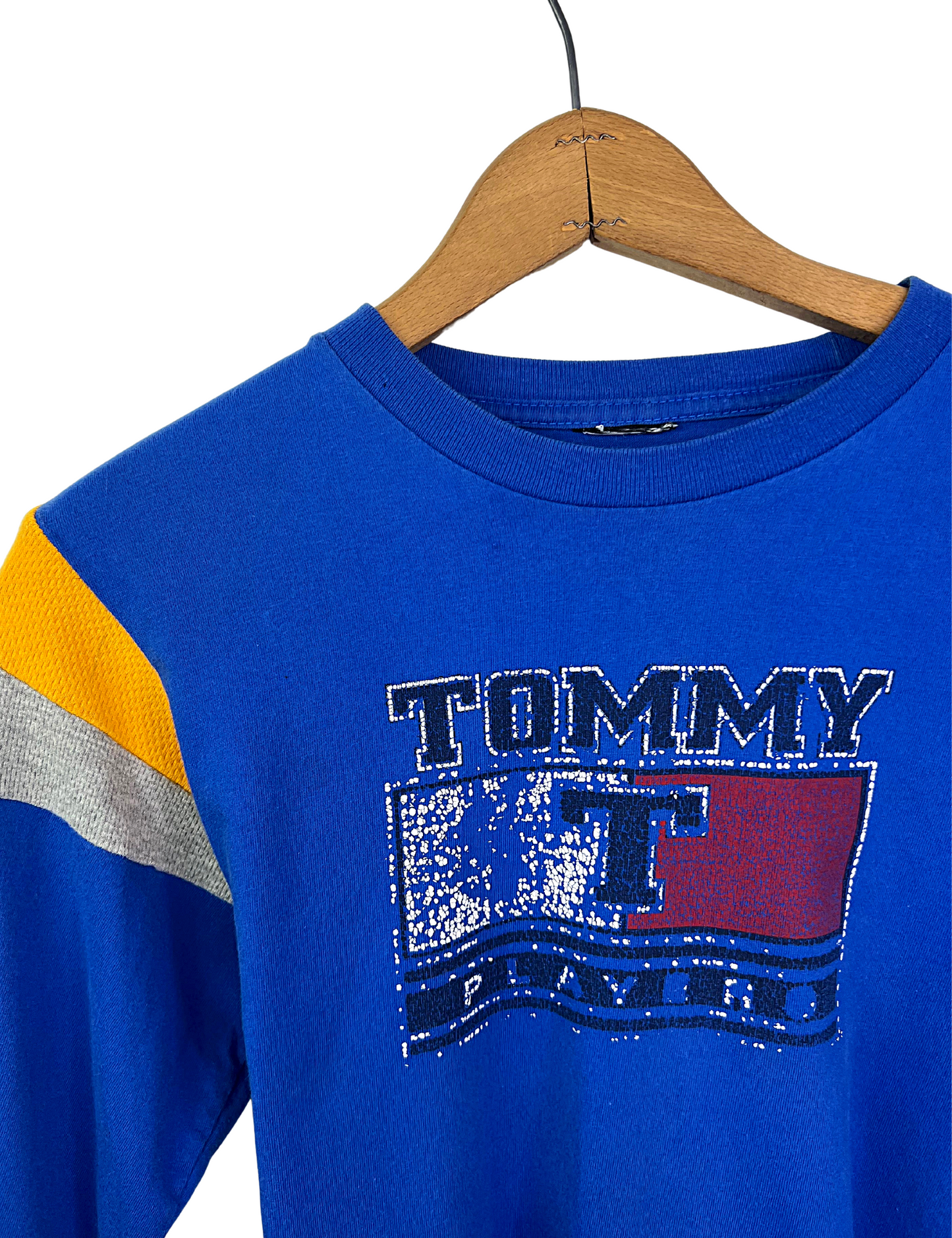 90s Tommy Players TOMMY HILIFGER Colorblock Striped Distressed Logo Hip Hop Long Sleeve Babydoll Tee Wms Size X-Small