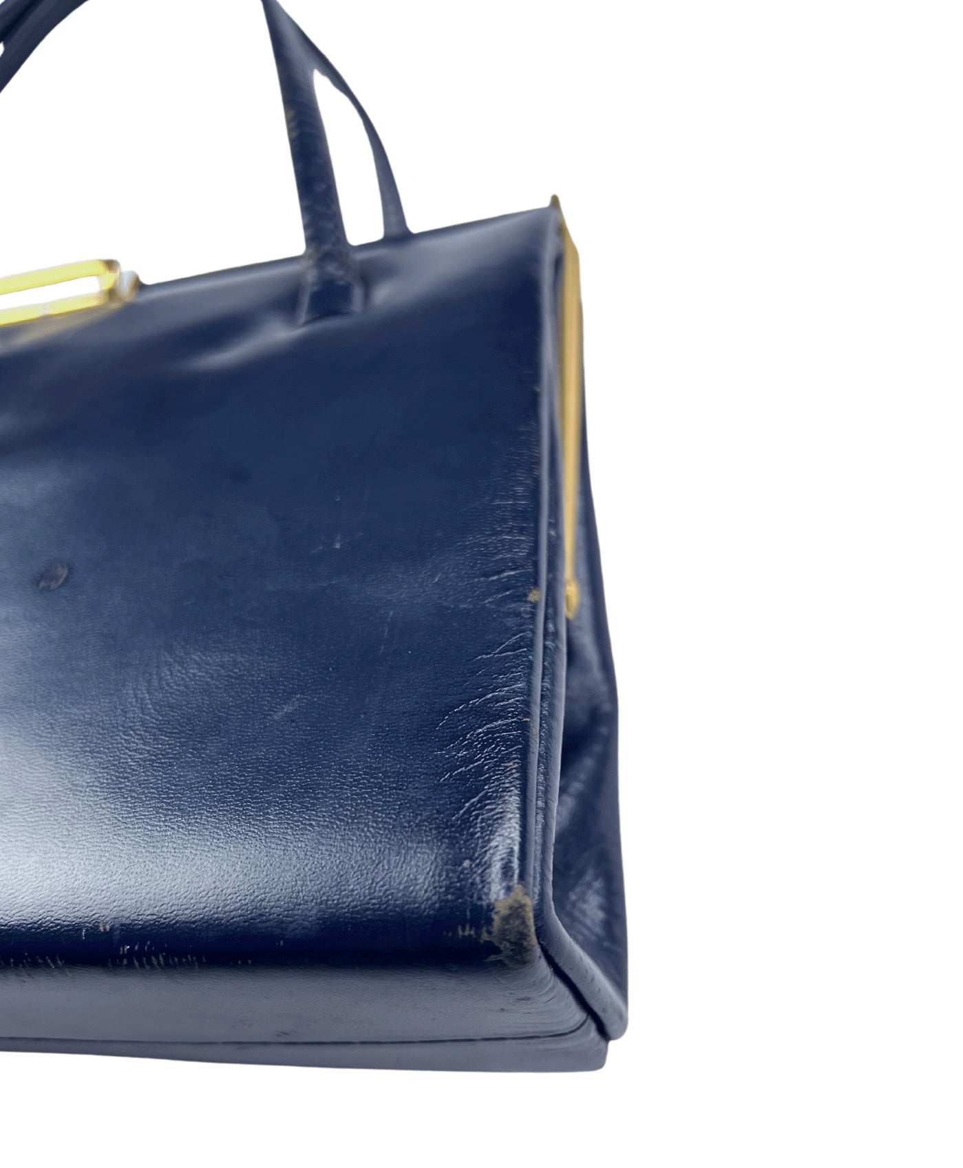 60’s Navy Leather Gold Clasp Handbag Purse