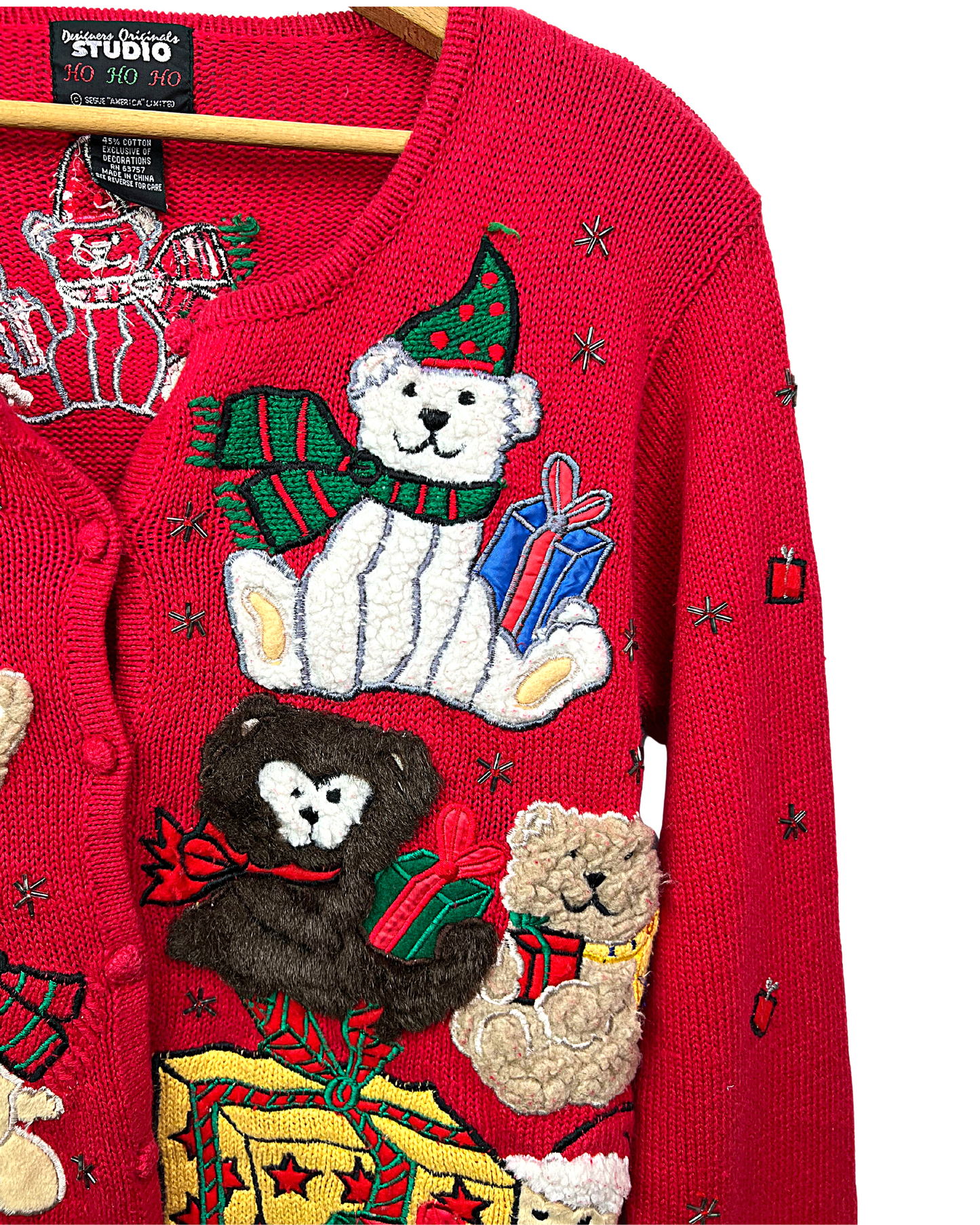 90’s Christmas Present Bear Fuzzy Ugly Holiday Chunky Cardigan Sweater