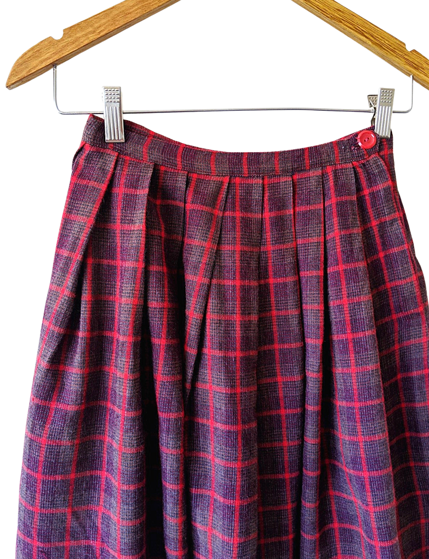 50's Red PLAID Tartan Knee Length School-Girl WOOL Skirt Sz 24