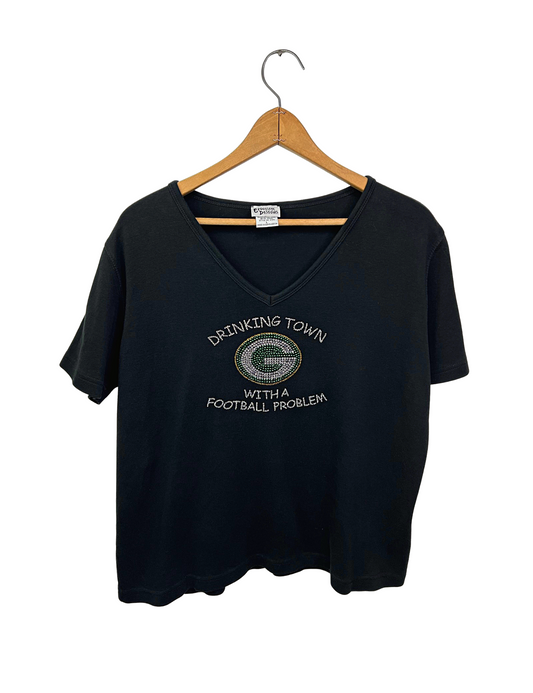 90’s Green Bay Packers Drinking Town with a Football Problem Rhinestone V-Neck Babydoll Tee