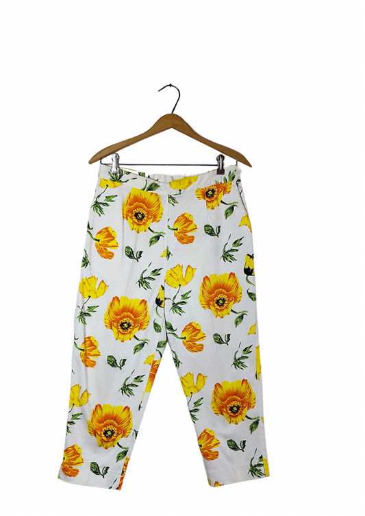 90’s Yellow Spring Floral Print Cropped Trousers with Pockets Size 28