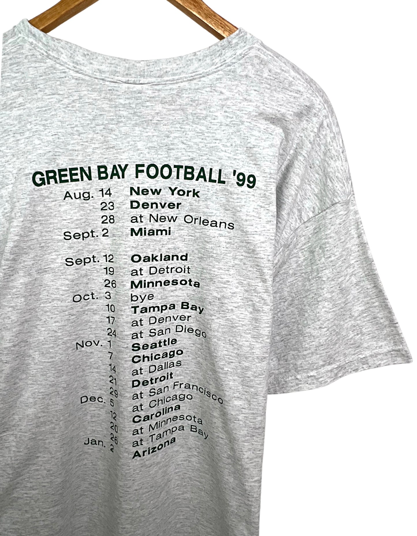 Green Bay PACKERS 1999 Football Schedule PUCKER 50/50 Fruit of the Loom T-Shirt Size X-Large