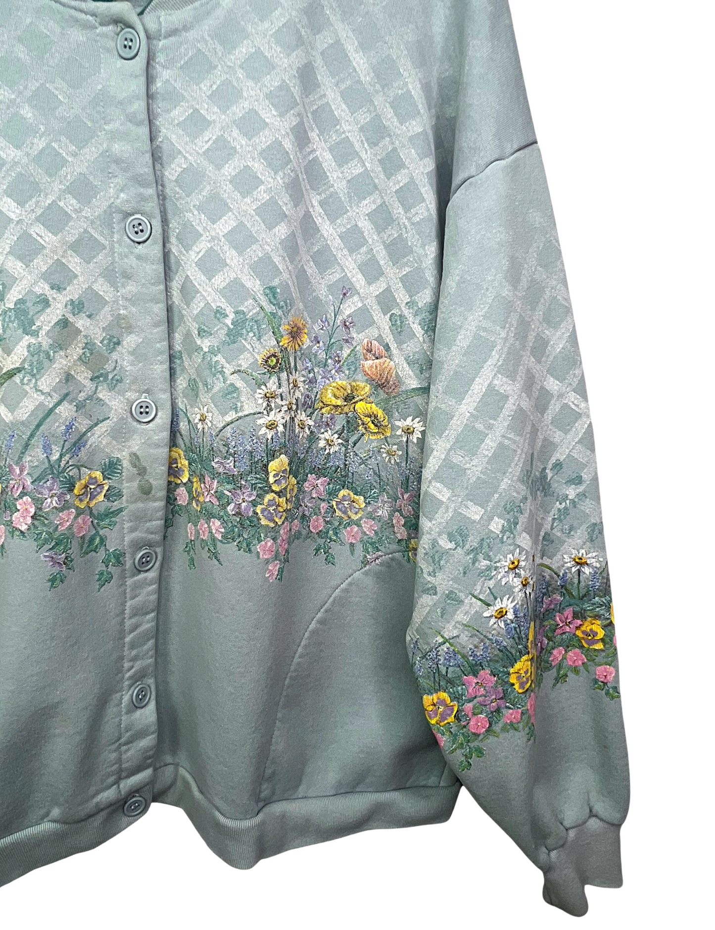 90’s Garden Flowers Lattice Wild Flowers Cardigan Buttondown Sweatshirt with Pockets Size L
