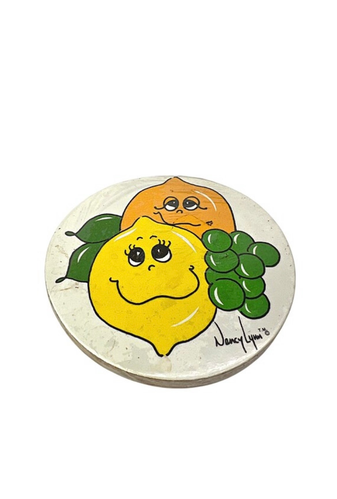 60’s Cute Fruit Nancy Lynn Diecraft Set of 4 Sealed NIP Cork Coasters 3.75”
