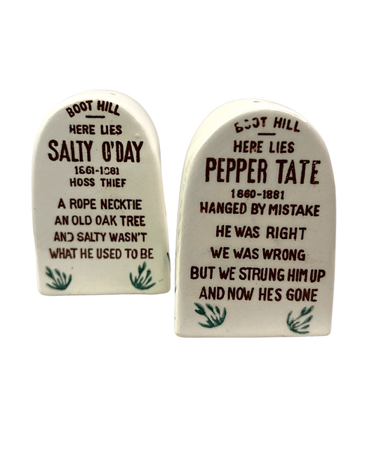 Vintage Boot Hill Tombstone Arizona Salty O’Day & Pepper Tate Gravestone Salt & Pepper Shakers