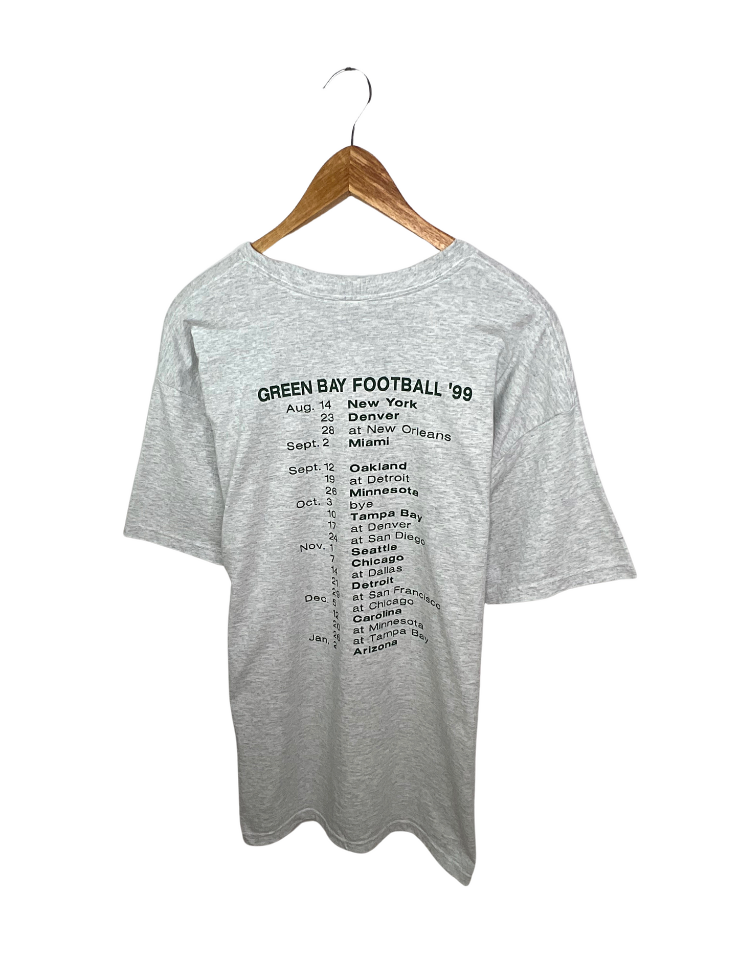 Green Bay PACKERS 1999 Football Schedule PUCKER 50/50 Fruit of the Loom T-Shirt Size X-Large
