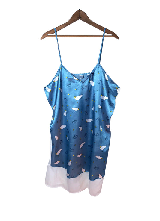 00’s Y2K Angel Cloud Sky Print Silky Sheer Dreamy Nightgown Slip Size L/XL
