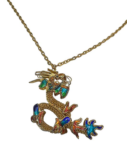 60’s Gold Chinese New Year of the Dragon Pendant Statement Necklace 14”