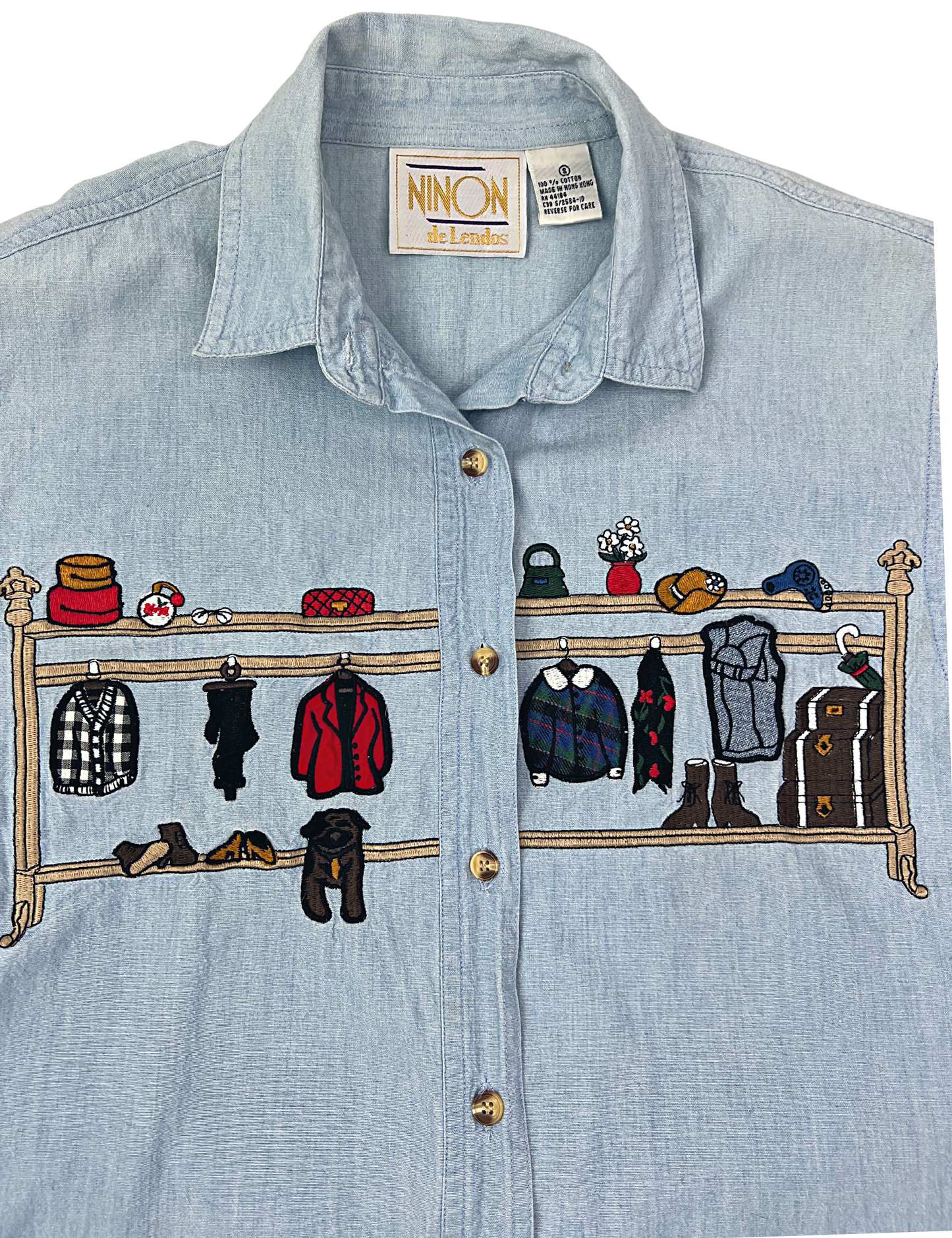 90’s Ninon de Lendos Embroidered Fashion Wardrobe Closet Chambray Button Down